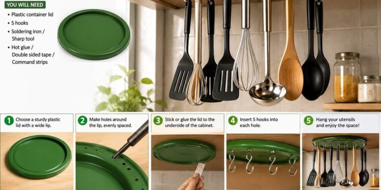 Innovative storage for kitchen utensils from an old plastic container lid!